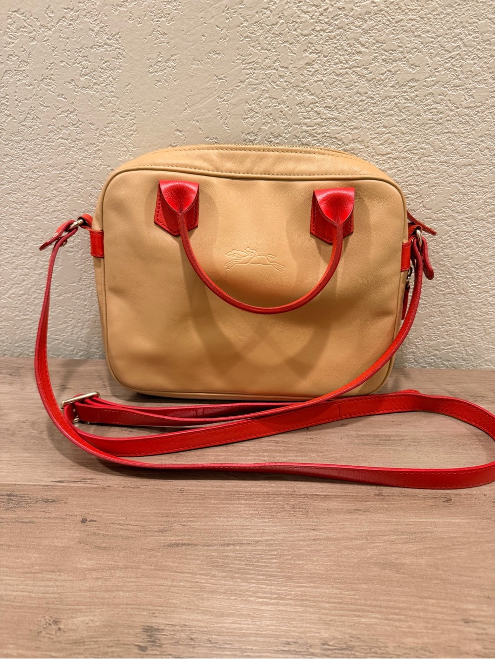 Longchamp Beige and Red Leather Satchel Handbag - Picture 10 of 14